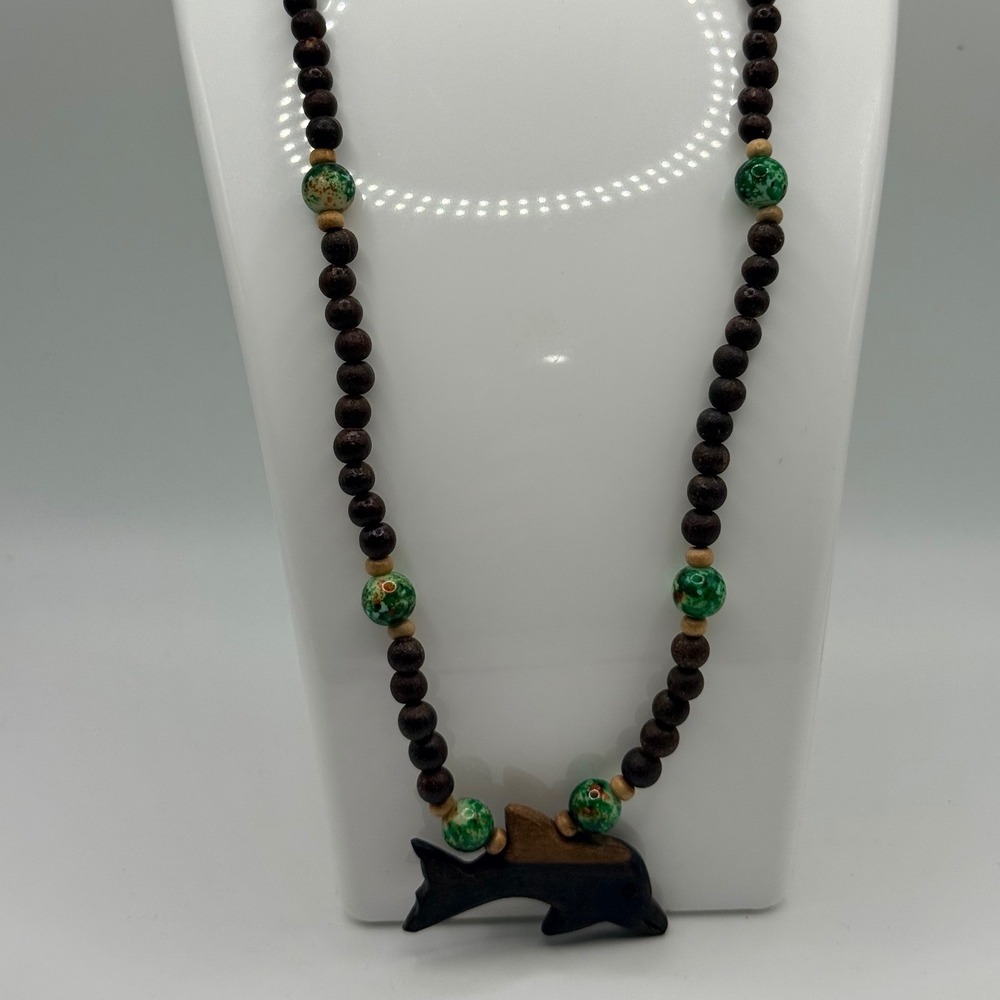 Handmade Wooden Dolphin Pendant Necklace Brown Wood Green Glass Beaded Boho 18"